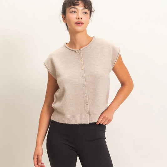 Taupe Rolled Edge Button Front Sweater Vest