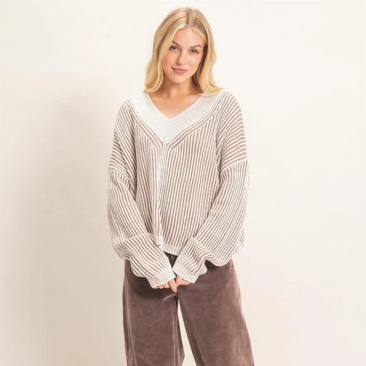 Taupe Striped V-Neck Ribbed Sweater
