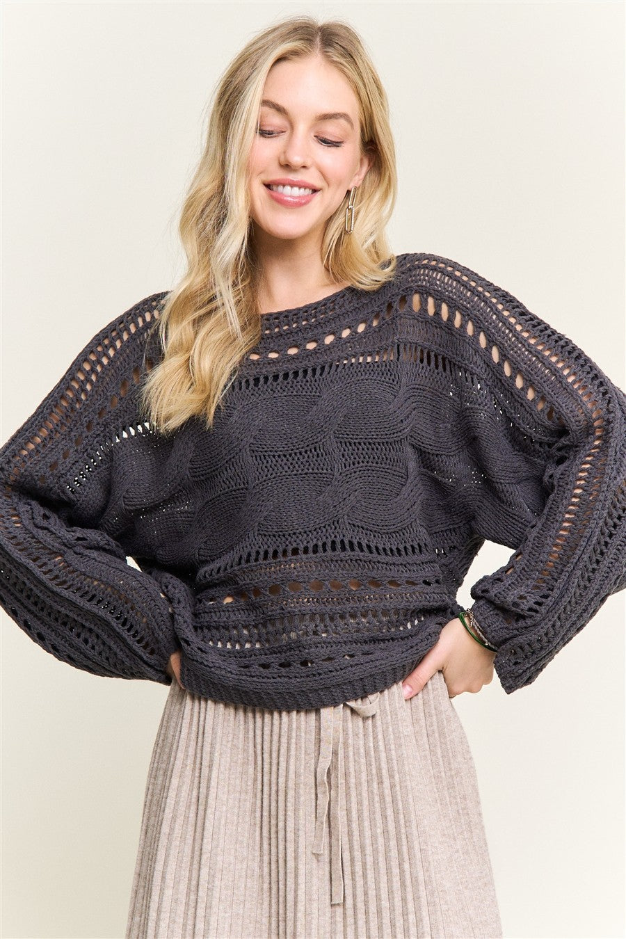 Charcoal Crocheted Open Knit Sweater