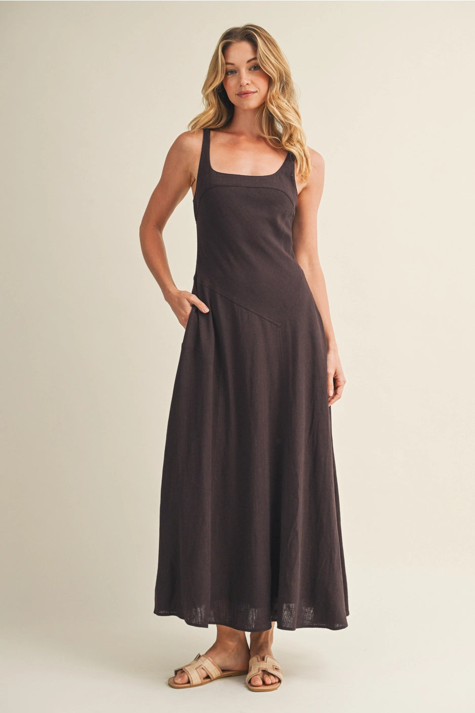 Square Neck Diagonal Seam Maxi Dress