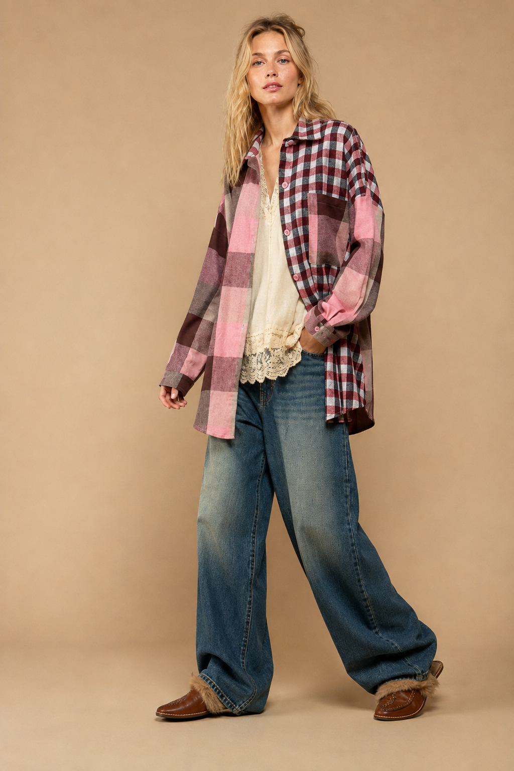 Mixed-Check Patchwork Flannel Shacket