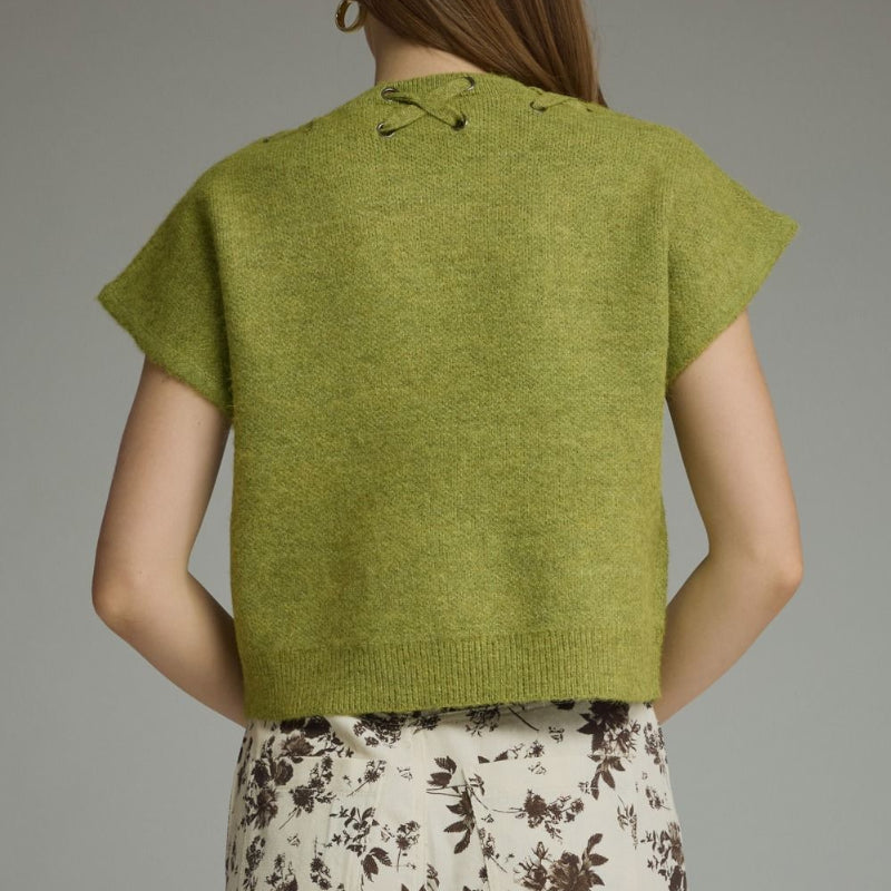 Martini Olive Short Sleeve Lace-Up Shoulder Sweater