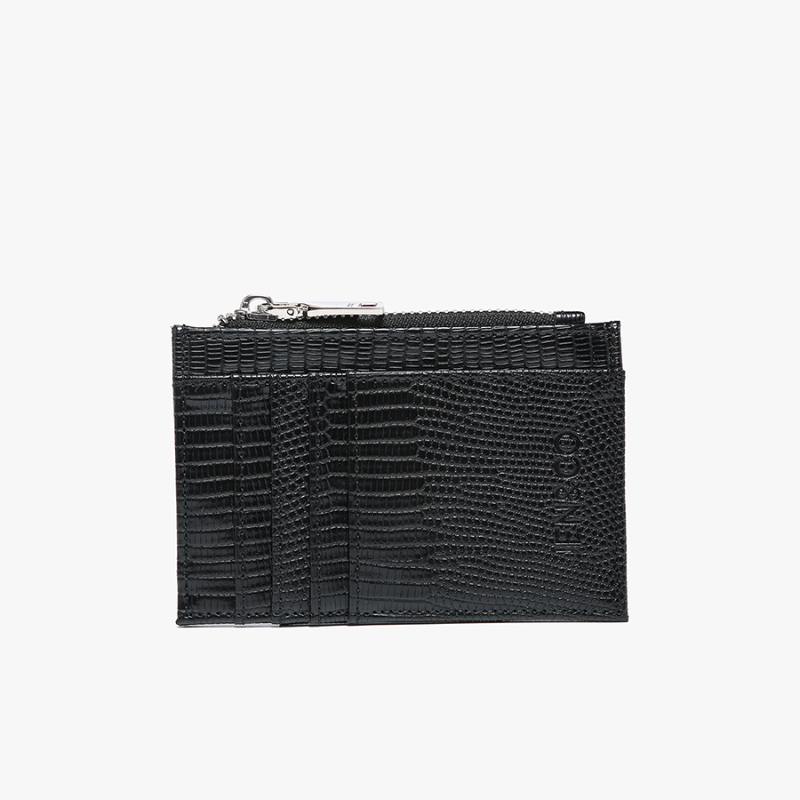 Black textured wallet on a light gray background
