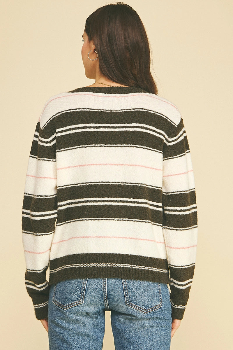 Brown and Pink Striped Cardigan Sweater