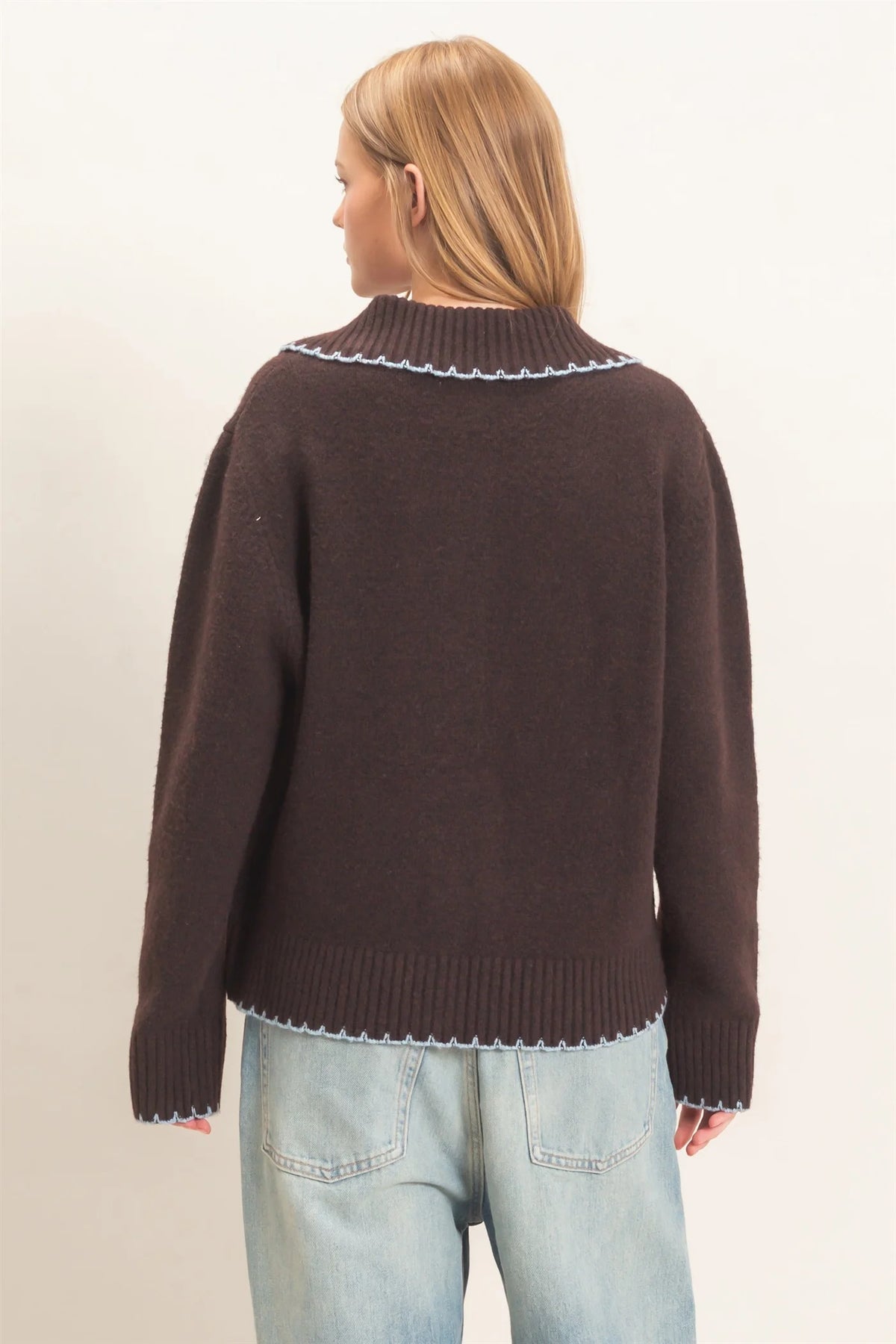 Brown Blanket Stitch Collared Cardigan