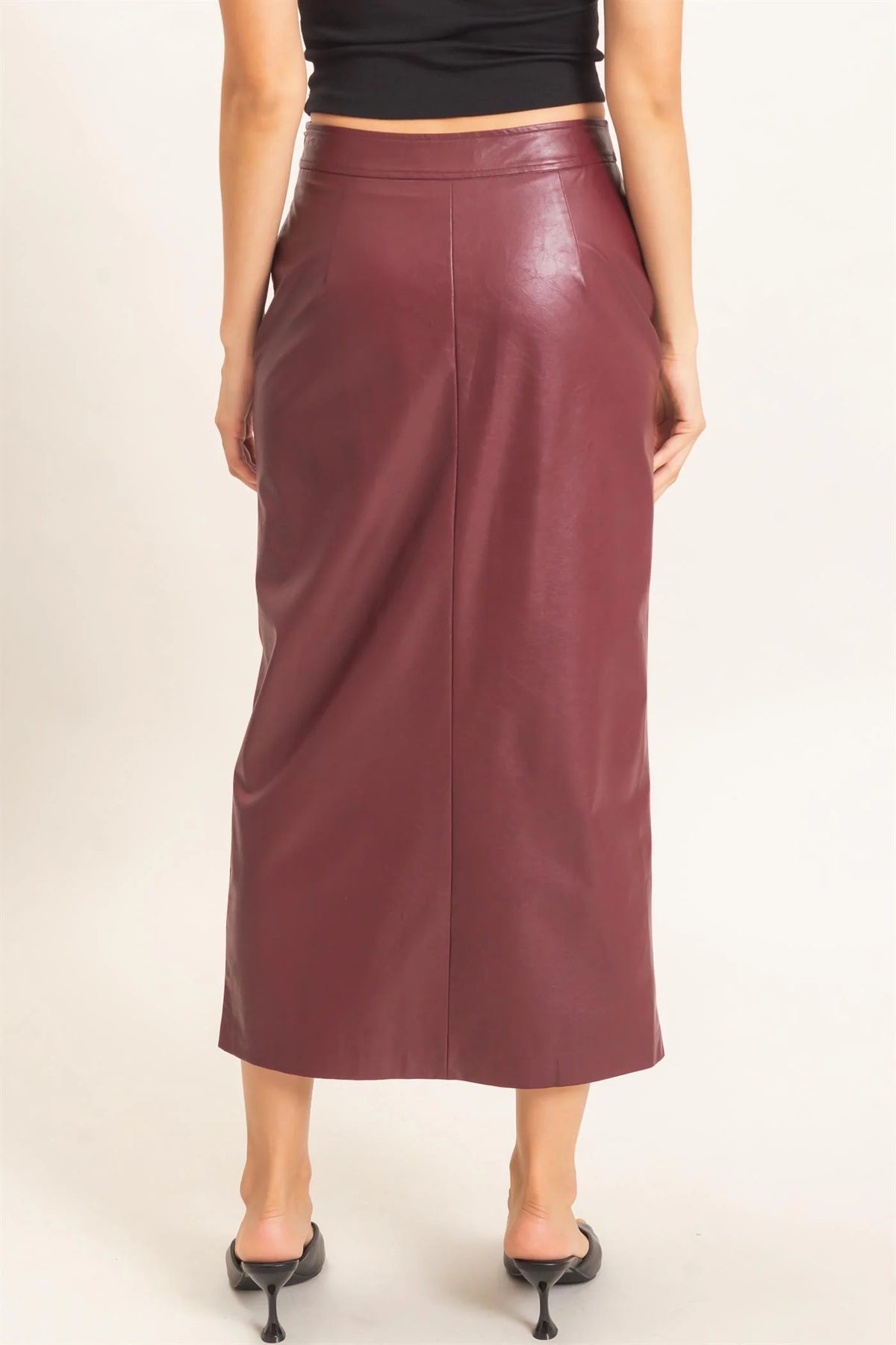 Maroon Faux Leather Skirt With Slit