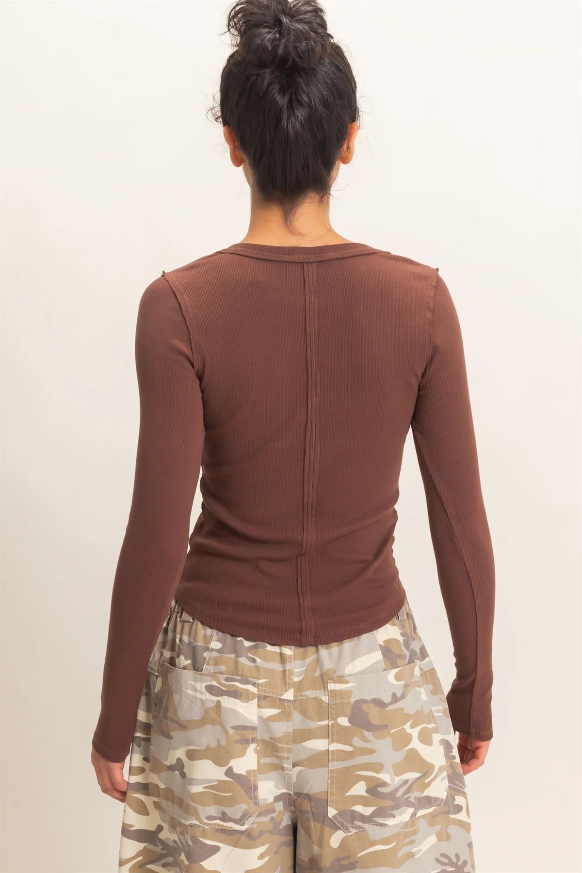 Brown Pigment Dye Henley Long Sleeve Top
