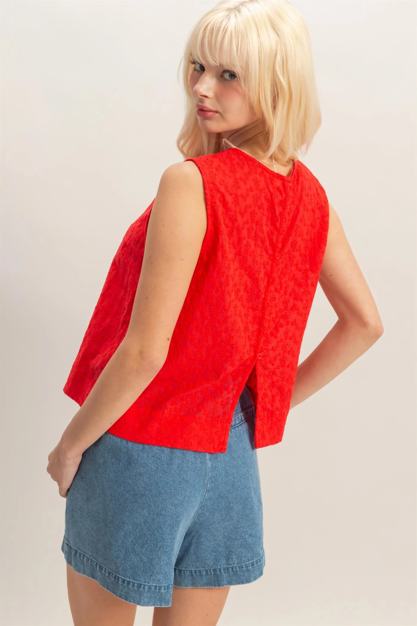 Red Eyelet Sleeveless Top With Back Buttons