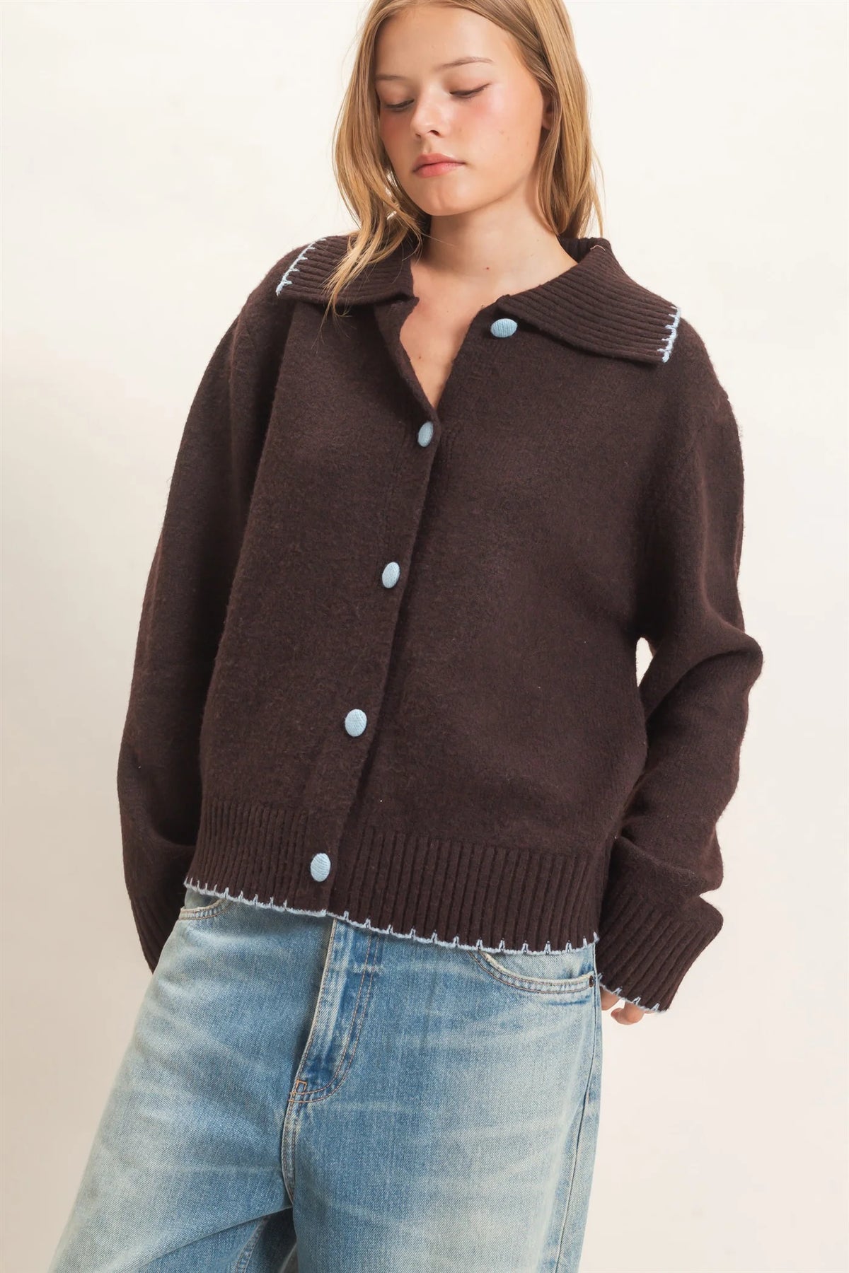 Brown Blanket Stitch Collared Cardigan