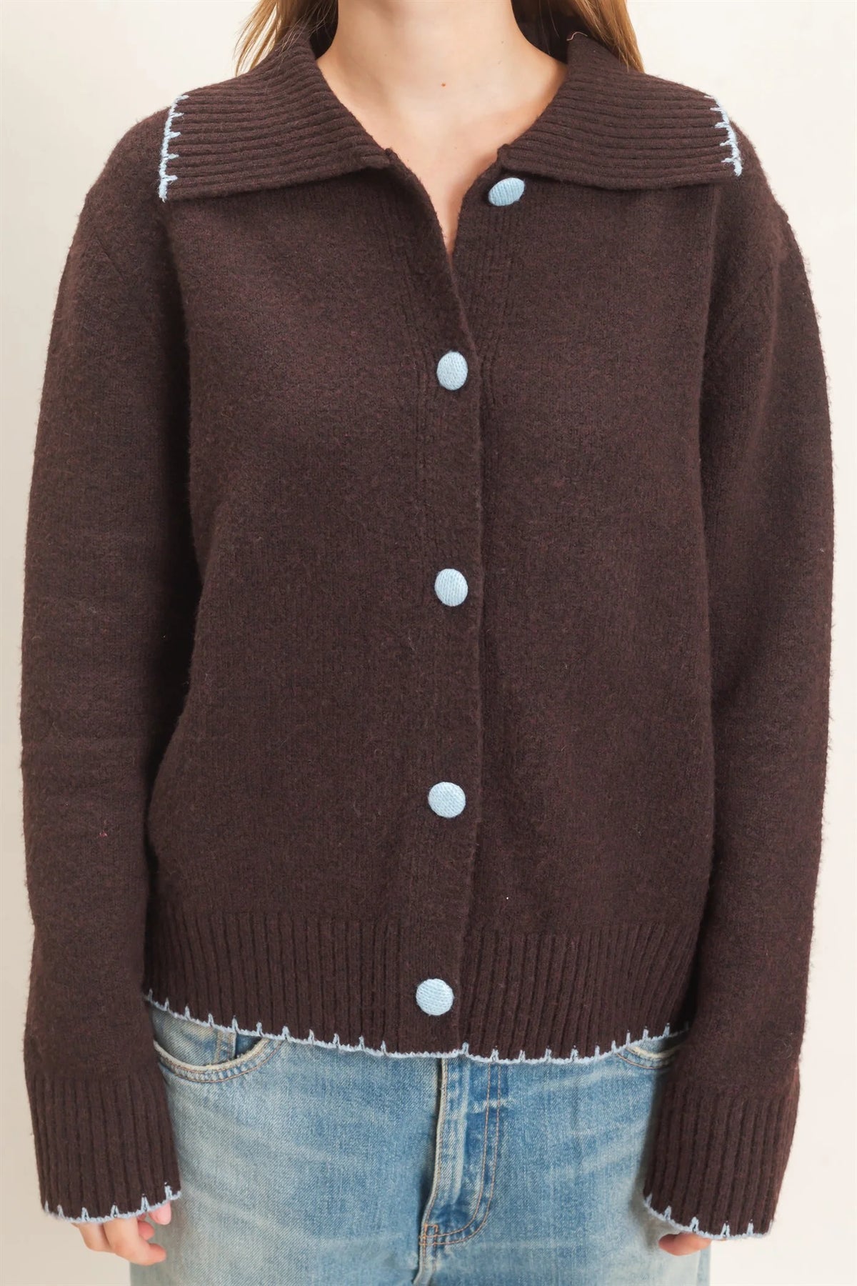 Brown Blanket Stitch Collared Cardigan