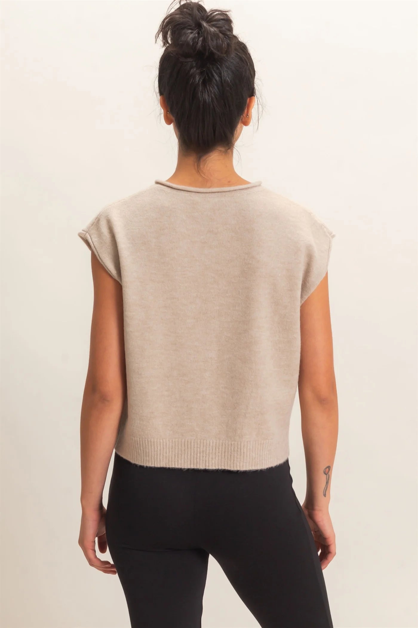 Taupe Rolled Edge Button Front Sweater Vest