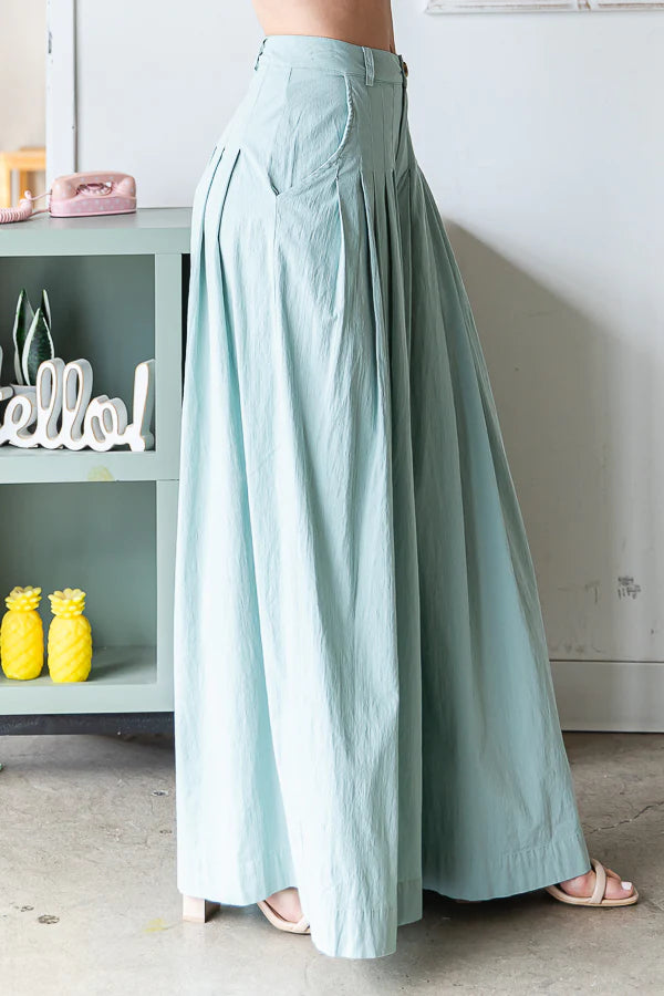 Robins Egg Blue Washed Cotton Pleated Wide Leg Pants