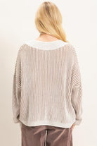 Taupe Striped V-Neck Ribbed Sweater