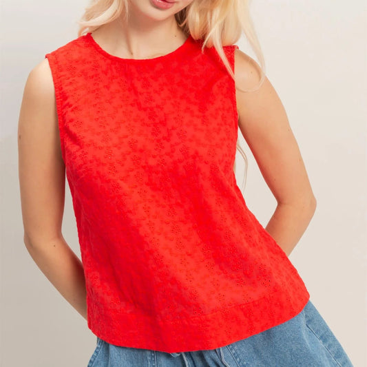 Red Eyelet Sleeveless Top With Back Buttons