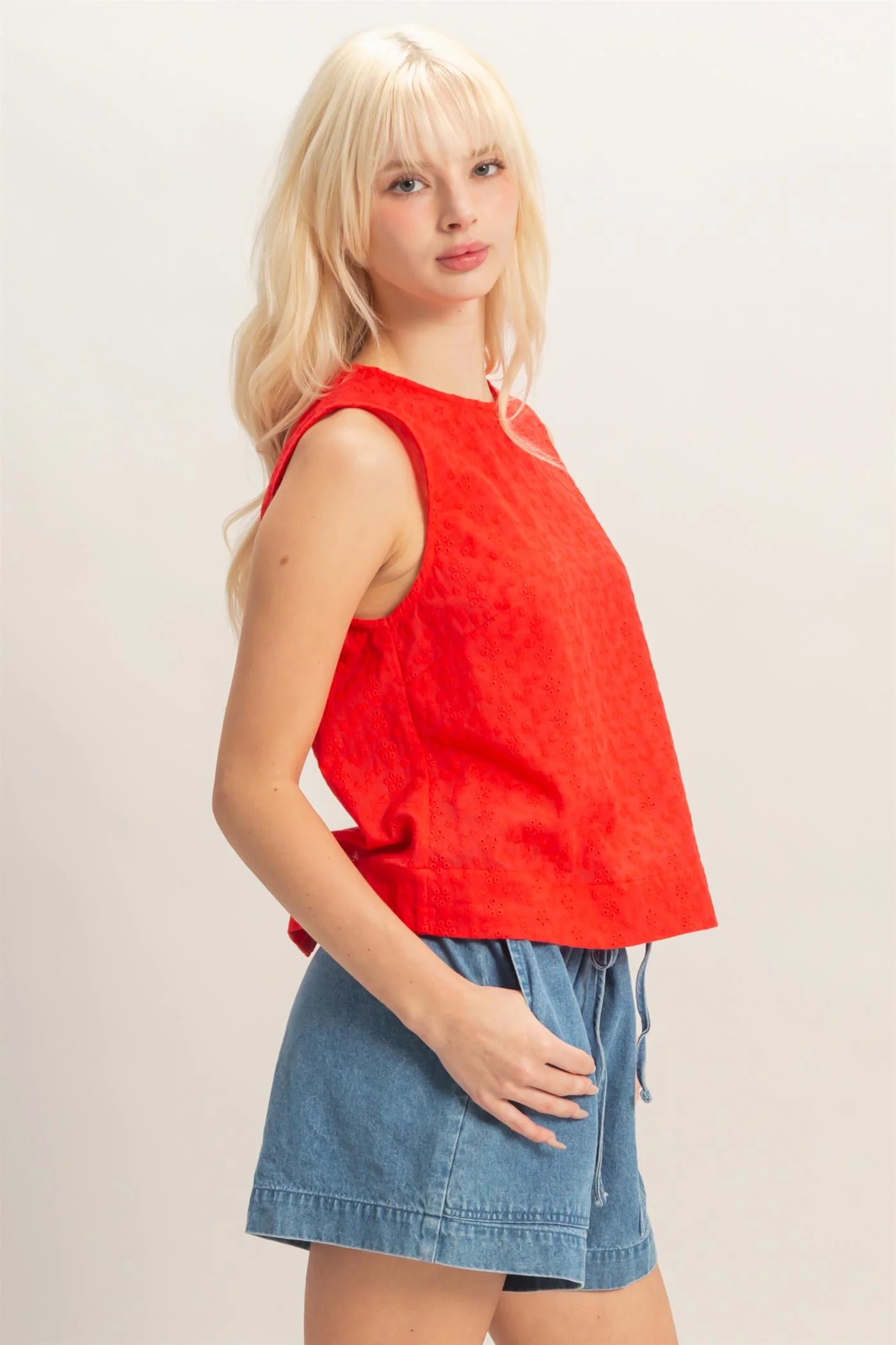 Red Eyelet Sleeveless Top With Back Buttons