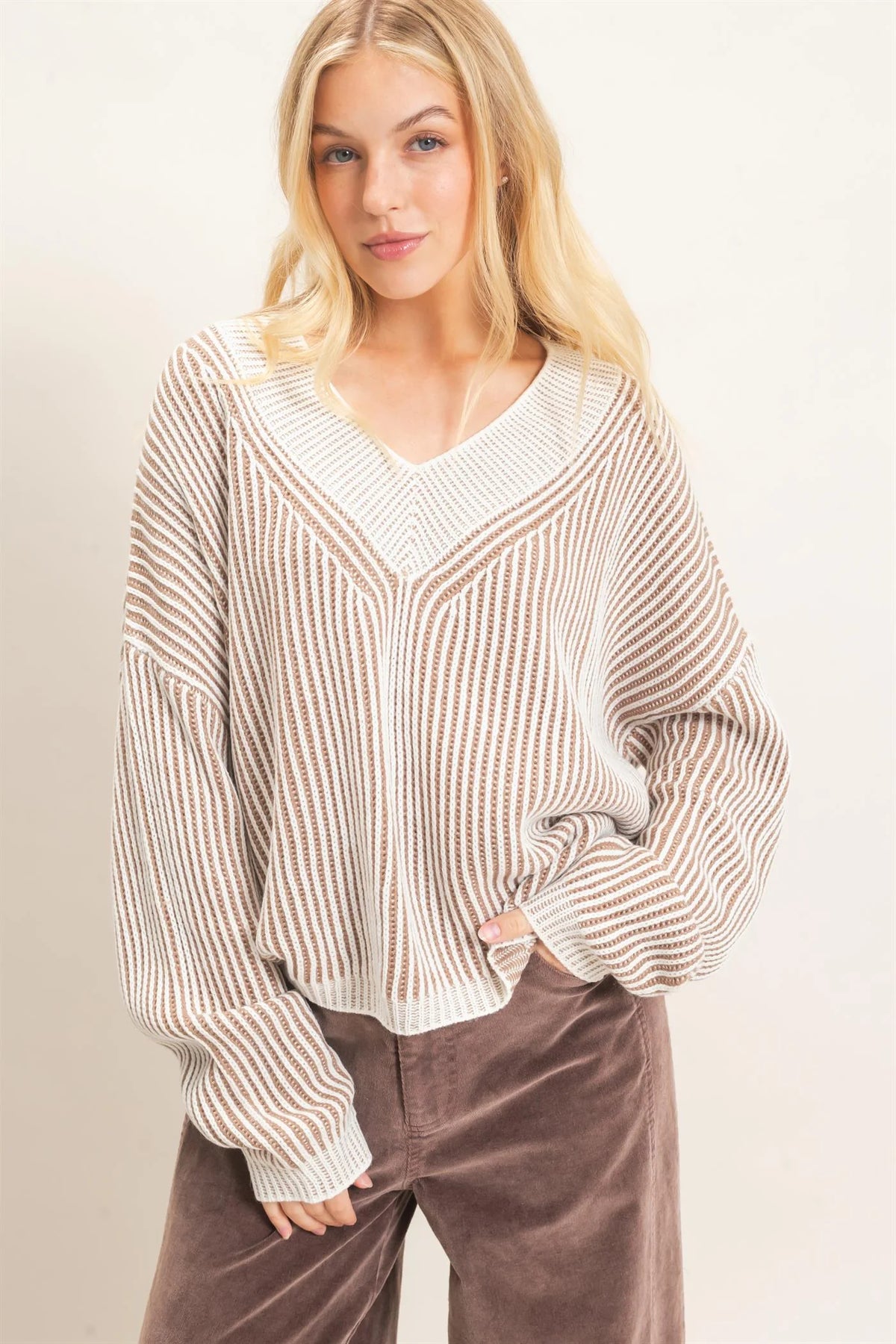 Taupe Striped V-Neck Ribbed Sweater