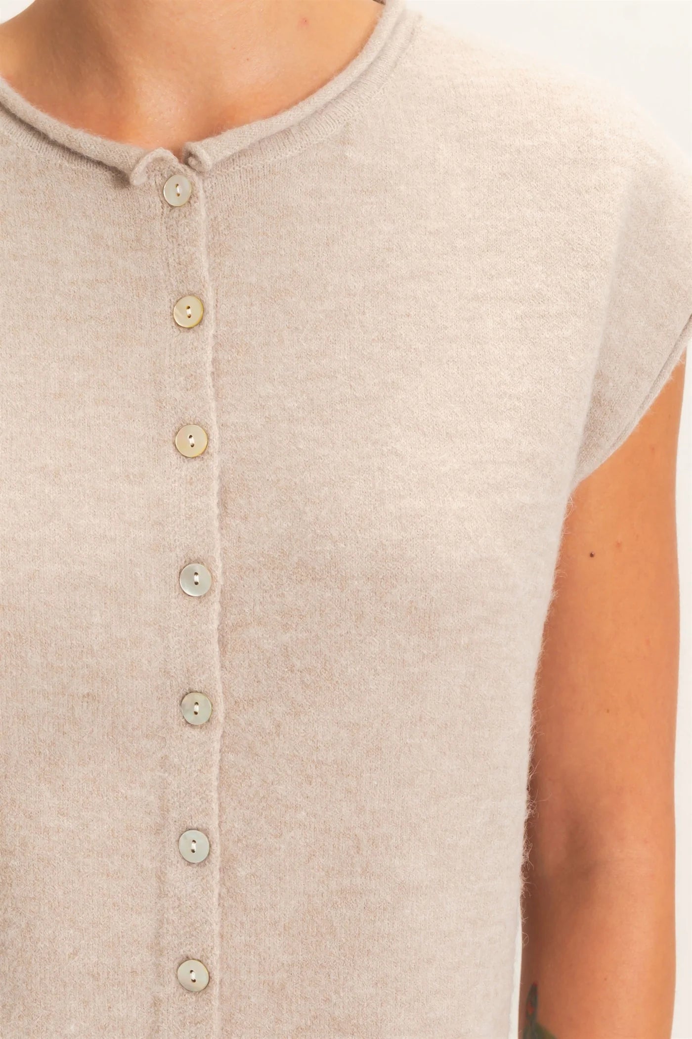 Taupe Rolled Edge Button Front Sweater Vest