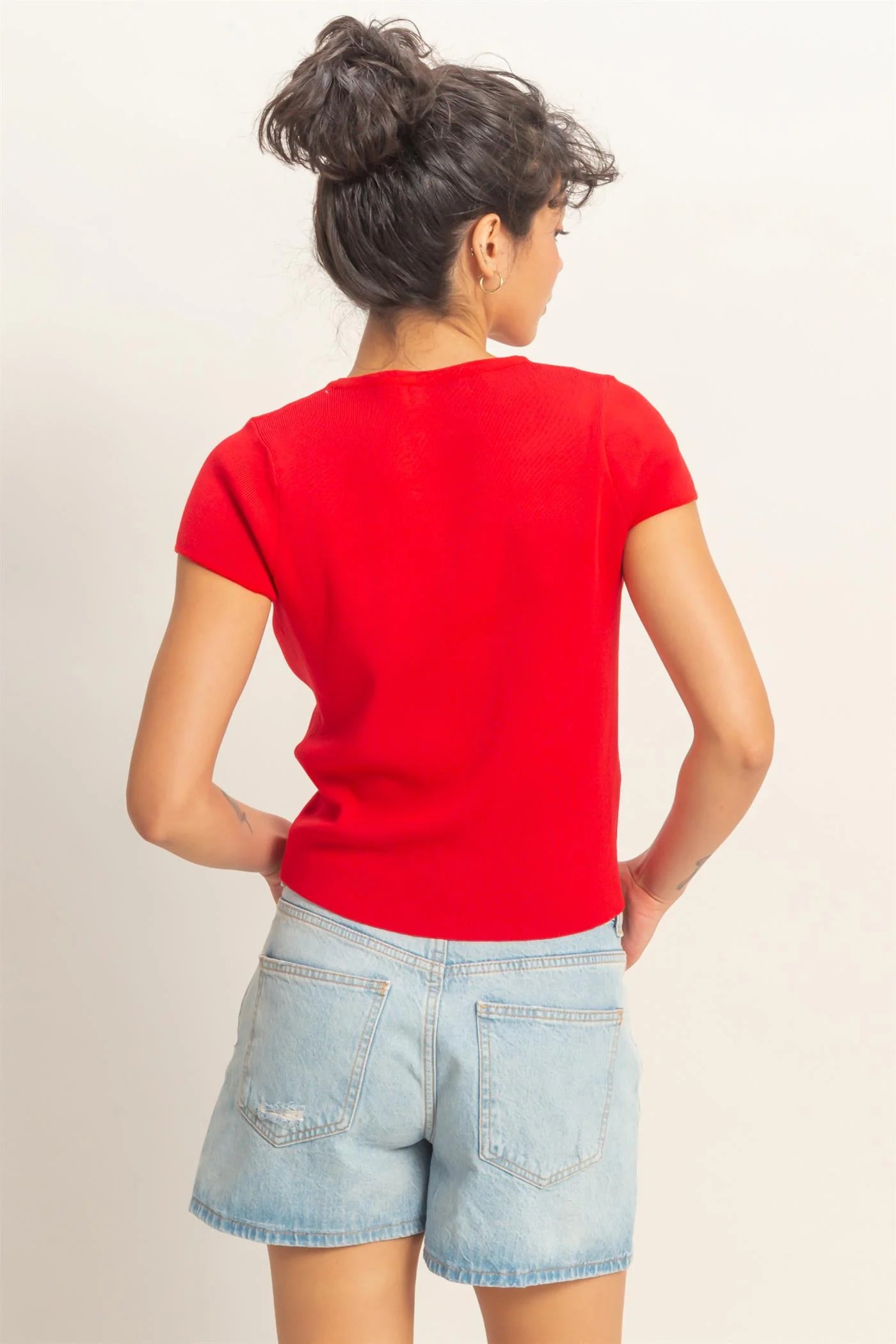 Red Button Front Short Sleeve Knit Top
