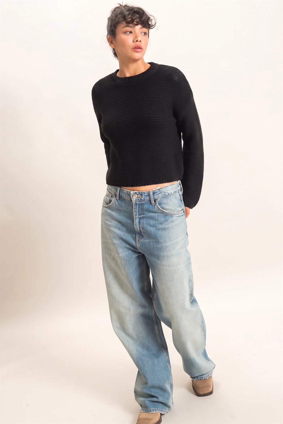 Textured Knit Crew Neck Sweater