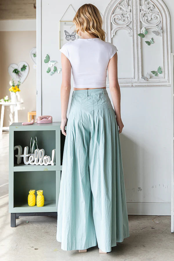Robins Egg Blue Washed Cotton Pleated Wide Leg Pants